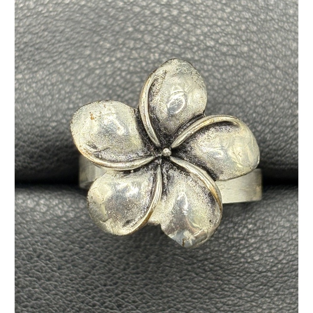 EUC Sterling Silver Plumeria Flower Ring Size 8 Adjustable H24